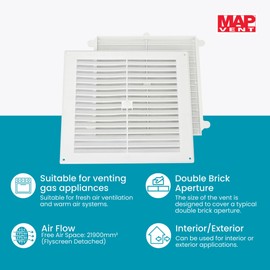 Map White Louvre Vent 229 x 229mm (9"x9") with Detachable Flyscreen Plastic Air Vent Grille for Walls & Furniture Ventilation Cover
