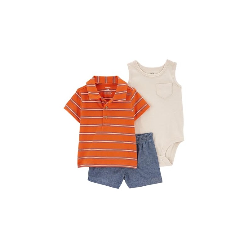 Carter's Baby Boy 3-Piece Little Short Set, stripe/denim, 18m