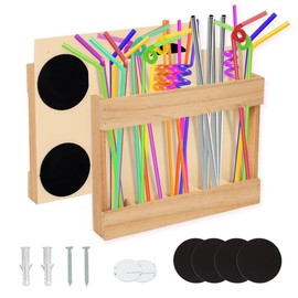 Kuabiz Wooden Straw Holder with Double Sided Adhesive Tape Wooden Straw Organizer Straws Dispenser Reusable Tumbler Straws Storage Container for Counter Kitchen Cupboards