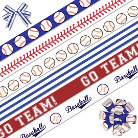 Estivaux 6 PCS Sports Baseball Ribbons for Crafting, 3/8" Width Grosgrain Ribbon Blue Red Stripes Ribbon Sports Roll Balls Craft Ribbons for Sports Party Decor Sewing DIY Crafts Supplies