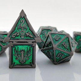 ORUZA DND Metal Dice Set, 7 PCS Polyhedral Dice Set D&D Metal Skull Craved Dice for Dungeons and Dragons RPG MTG Pathfinder Role Playing Tabletop Games (Black Nickel & Green)