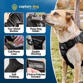 No Pull Service Dog Vest for Medium Sized Dog with 4 Metal Buckles & Double Stitching CAPTAIN DOG - Reflective No Pull, Dog Vest with Pockets, Tactical Dog Harness with Poop Bag Holder - Black
