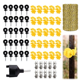 Electric Fence Wire Kit - 656 ft 200 Meters Electric Fence Polywire, 25 PCS Black Fence Insulator, 1 Pcs Insulator Socket Tool, 25 PCS T Post Insulator, 10 PCS M4 Poly Rope Connectors