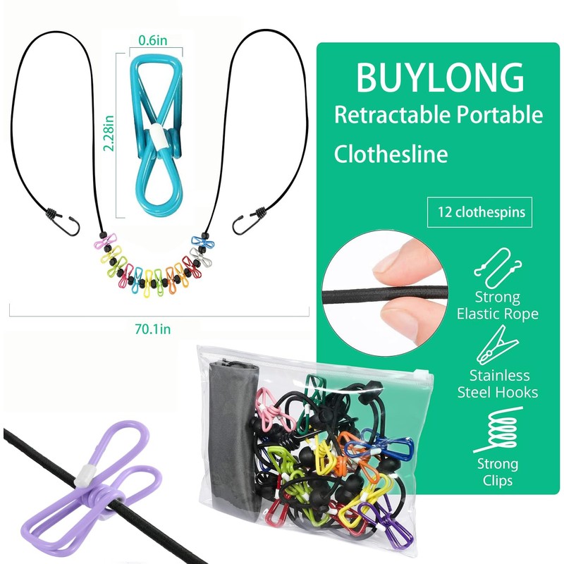BUYLONG Retractable Portable Clothesline for Travel，Clothing line with 12 Clothes