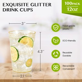 JOLLY CHEF 100pcs 12OZ Gold Plastic Cups,Disposable Gold Cups,Clear Plastic Tumblers,Gold Glitter Cups,Disposable Cups for Wedding,Thanksgiving, Christmas Party
