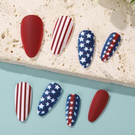 Independence Day Press on Nails Almond Medium Dark Red Fake Nails with Stars Designs 4th of July False Nails Patriotic Acrylic Nails Full Cover Glue on Nails Stars Stick on Nails for Women 24Pcs