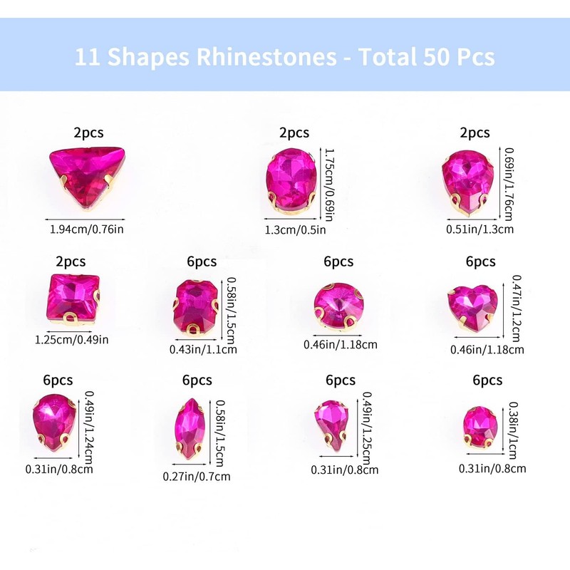 50 diamantes de imitación para coser (rosa rojo-dorado)