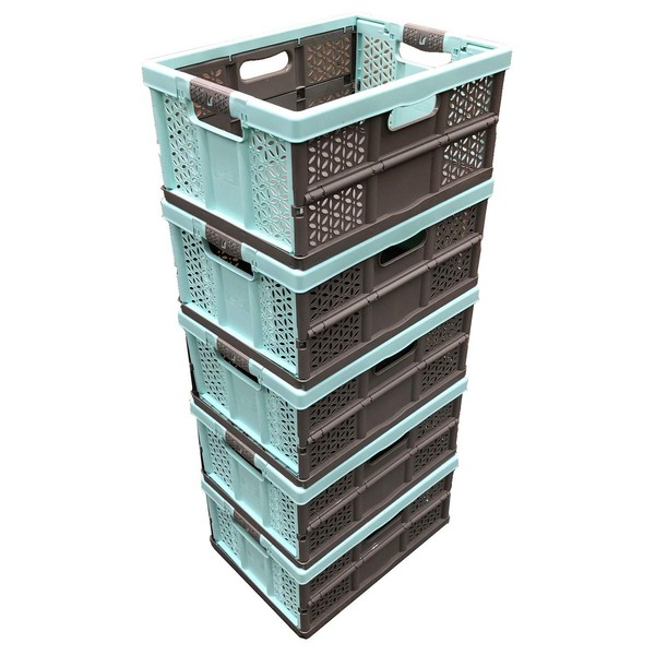 5 x 32 Litre Extra Strong Folding Plastic Stacking Storage Crates Box - 30KG LOAD CAPACITY PER BOX - SOFT HANDLES - GREAT VALUE