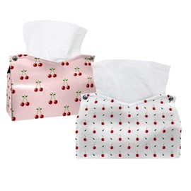 2 Pack Tissue Box Cover Holder, Cherry Pattern Rectangle Leather Tissue Case, Decorative Organizer for Tabletop, Bathroom, Car, Office