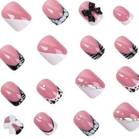 24Pcs Black White French Press on Nails Short Square WLGDLH Cow Pattern Fake Nails 3D Bow Rhinestones Design Nude False Nails Full Cover Glue on Nails Summer Stick on Nails for Women DIY