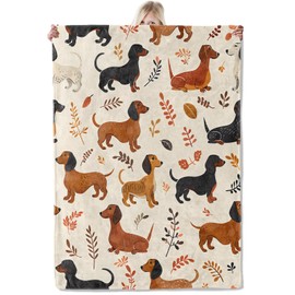 ICAAV Dachshund Dog Lover Blanket 50×60 Inch,Cute Illustrated Style Fall Leaves Puppy Flannel Throw with Warm Cream Background,Cartoon Animal Home Retro Decor,Gifts for Women, Adults,Pet Fans