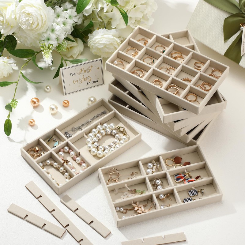 Highergo 8 Pcs Velvet Jewelry Trays Stackable Drawers Organizer Ring