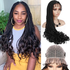 WIGER 360 Full Lace Braided Wigs for Women Double Full Lace Knotless Goddess Curly Box Braid Wig 28 IN Large Square Lace Braid Hair With Baby Hair Synthetic 1B Black French Curly Lace Wig