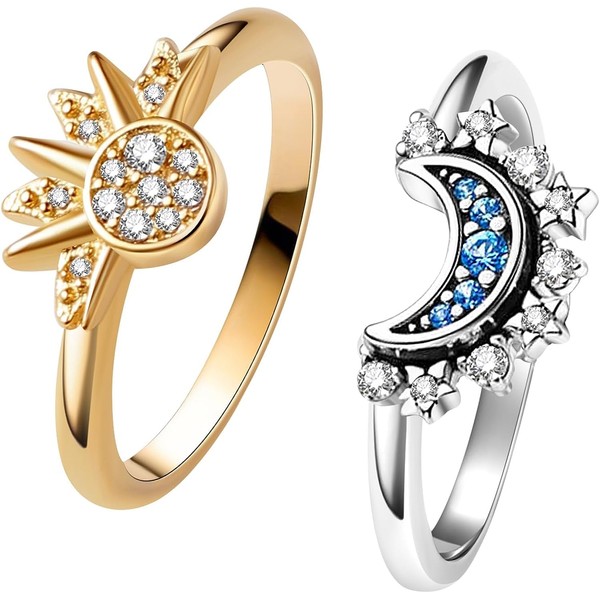 aesdox Celestial Sun and Moon Ring Set, Sparkling Sun Ring/Blue