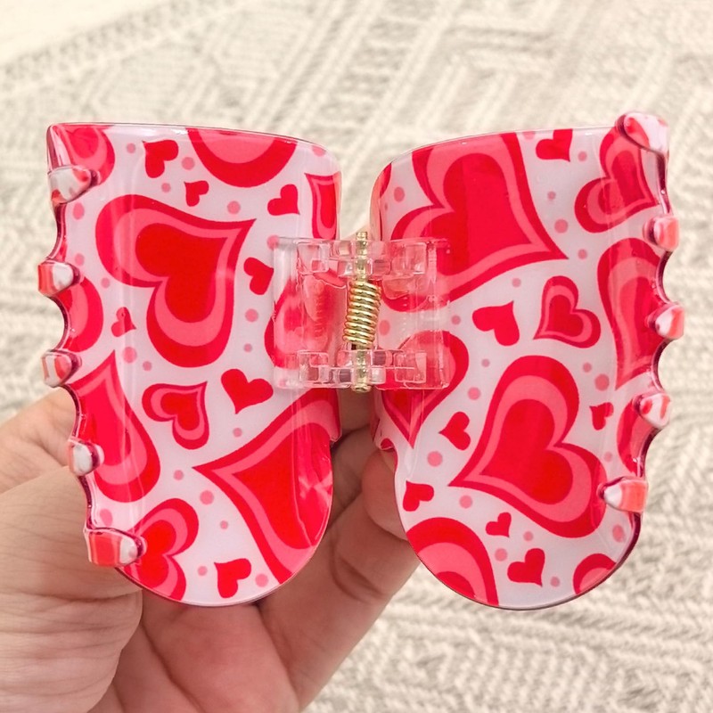 Heart Pattern Print Heart Shape Hair Claws 2.6" Pink Hair