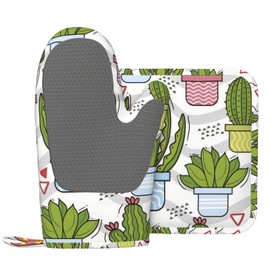 Silicone Oven Mitts and Pot Holders Sets, Home Cute Cactus Heat Resistant BBQ Gloves for Kitchen Baking Cooking Grilling Microwave