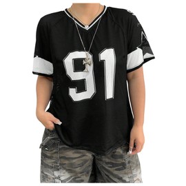 SHENHE Women's Plus Size Y2k Football Jersey Shirt Mesh Oversized Number Graphic Vintage Top Black XX-Large Plus