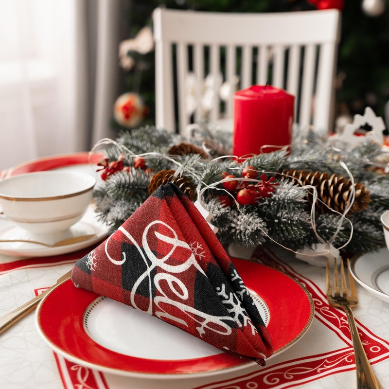 Funnymoom 24 Pcs Christmas Buffalo Plaid Cloth Napkins Snowflakes Black