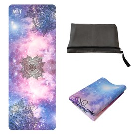 U&M 72'' x 27'' Travel Yoga Mat (1.5mm Thick) - Non-Slip Natural Rubber Base & Suede Top, Doubles as Studio Mat Cover, Anti-Slip for All Yoga Types, Purple Starry Sky Print