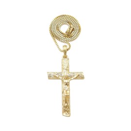 NYFASHION101 INRI Jesus Christ on Textured Cross Pendant Pendant with 3mm Box Chain Necklace, Gold-Tone, 30"