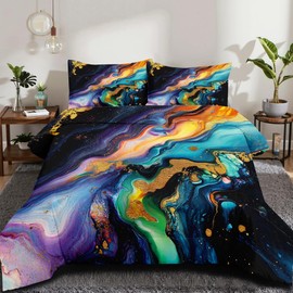 CCoutueChen Marble Comforter Set Queen Size Colorful Marble Print Bedding Set Modern Aesthetic Bedding Comforters Luxury Abstract Art Bedding Soft Breathable 90x90 Comforters for All Season