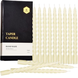 12 PCS Natural Beeswax Spiral Taper Candles Bulk - Organic Dripless Long Candle Sticks for Dinner Wedding Party Christmas Home Decorations - 10 Inch Tall - Off White