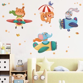 ANHUIB Animals Wall Stickers,Cartoon Stars Airplane Wall Decals,Woodland Funny Animals Wall Stickers for Nursery,Safari Elephant Tiger Rabbit Wall Art Stickers for Babyroom Kids Bedroom Playroom Decor