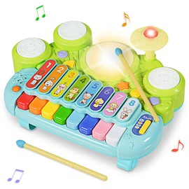 Costzon 3 in 1 Musical Toy, Electronic Xylophone with Game Drum, Kids' Drum & Percussion Instruments, Educational Piano Keyboard, Preschool Toy for Toddlers