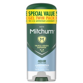 Mitchum Mitchum Men's Deodorant, Antiperspirant, Triple Odor Defense Gel Stick, 48 Hr Protection, Dermatologist Tested, Alcohol Free, Unscented, 3.4 Oz (Pack of 2)