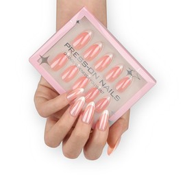 30Pcs French Tip Press on Nails Almond Short Fake Nails Nude Pink False Nails Aurora Acrylic Nails Full Cover Reusable Stick on Nails Glossy Artificial Nails for Women DIY French Nail Accessories