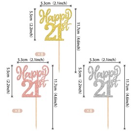 24 piezas de adornos para magdalenas 21, oro rosa, plata, purpurina, 21 vítores a 21 años, número 21, para cumpleaños, cumpleaños, boda, aniversario, fiesta, decoración de pasteles