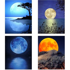 Blue Moons Rising- 4 Prints Set- 8 x 10"s Wall Art- Ready to Frame. Home Décor, Office Décor & Wall Print. New Moon Pictures is Perfect Art for Any Room. Inspiration Gift for Nature & Astronomy Lovers