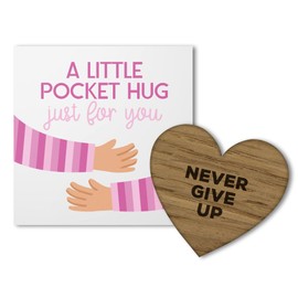 Little Pocket Hug Just For You Wooden Heart Token with Positive Affirmations - Small Keepsake Card For Wallet/Purse (Pink, Never Give Up)