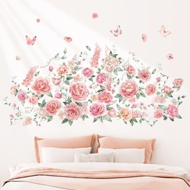 DECOWALL SG3-2428 Rose Vine Wall Stickers Room Decals Bedroom Living Flower Décor Art Floral Pink tv Decoration Butterfly Nursery Peel and Stick Background Removable Girls