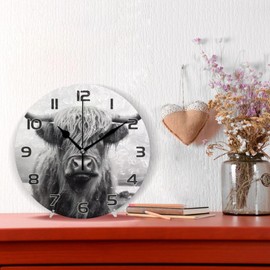 Qilmy Highland Cow Clock Silent Round Wall Clock Non Ticking Battery Device Clocks Creative Decoration Wall Clock for Living Room Bedroom Office Kitchen