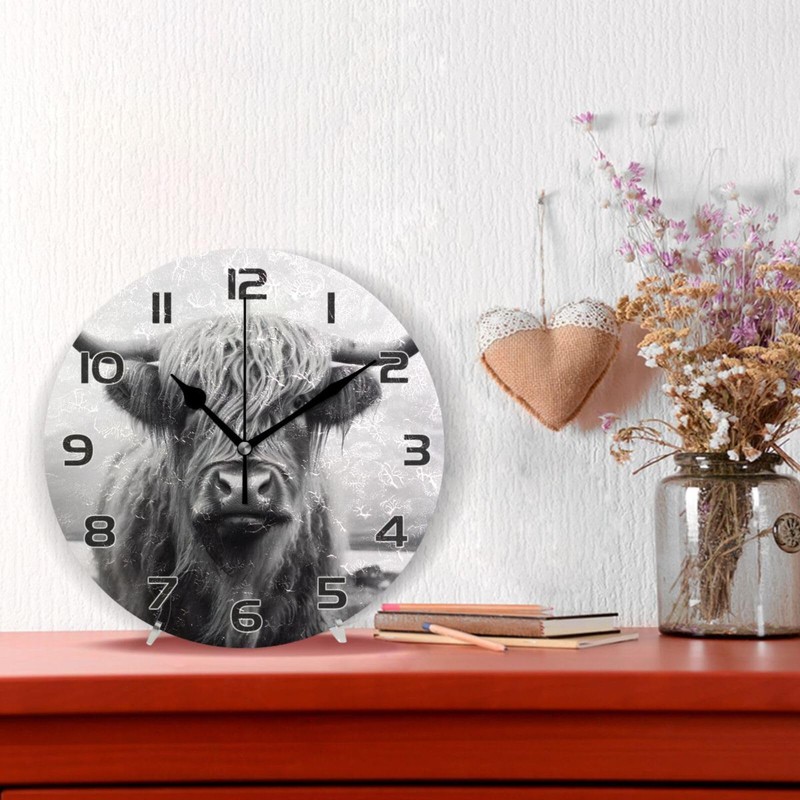 Qilmy Highland Cow Clock Silent Round Wall Clock Non Ticking