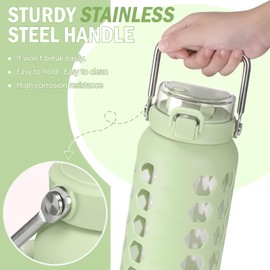 MUKOKO 64oz Glass Water Bottles with Straw and Lid,Half Gallon Water Bottle with Time Marker,Large Glass Water Jug with Silicone Sleeve and Stainless Steel Handle-Green