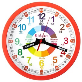 Kiddus Children's Wall Clock, Boys and Girls, Analogue Learning Clock with Time Learning Exercises, Children's Wall Clock Without Ticking, Children's Room Silent, School, Clock Hands German