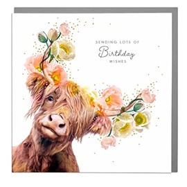 Lola Design - Birthday Cards for Women - Highland Cow Design, Happy Birthday Card for Her - Blank Card with Grey Envelope - Designed and Printed in the UK - 150mm x 150mm