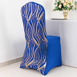 Balsa Circle Spandex Royal Blue Gold Stretchable Banquet Chair Cover with Wavy Embroidered Sequin Wedding Party Events Reception