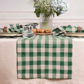 Solino Home Checkered Linen Table Runner 90 inches Long - 100% Pure Linen Green and Natural Plaid Table Runner 14 x 90 Inch Ideal for Wedding, Parties - Morgan Check