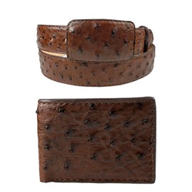 Package Exotic Genuine Ostrich Leather Belt and Wallet Color Brown (38)