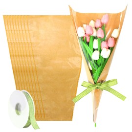 VOCAON 50PCS Flower Bouquet Wrapping Paper with Ribbon, Kraft Packing Sleeves for Bouquets Clear Floral Wrapping Bags Bulk for Graduation Anniversary Wedding Birthday Gift 22 x 14.2 x 4.7 Inches