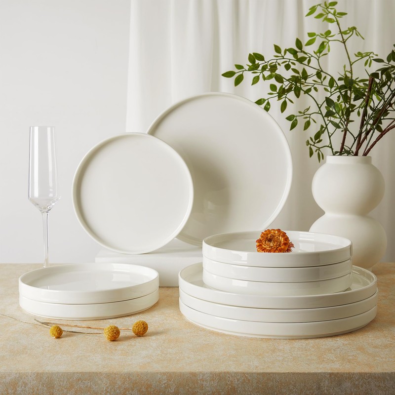 Sweese Porcelain Flat Dinner Plates Set of 6, 10.5 Inch