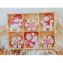 Snowman and Snowflake Wooden X'mas Tree Decorations - Set of 12