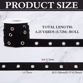 BENECREAT 5.7M 20mm Wide Black Cotton Grommet Eyelet Twill Tape Trim, 3.6 mm Silver Metal Eyelet Ring Ribbon Strip for Sewing Crafts Making
