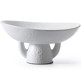Kritkin White Decorative Bowl Ceramic Moss Bowl 9.6 x 9.8 Inch Pedestal Decorative Bowl Large Stoneware Fruit Bowl Artificial Moss Bowl Centerpiece for Kitchen Counter Top Living Room Home Decoration