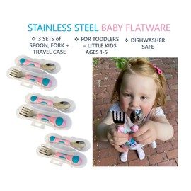 kinsho Utensilios Para Niños Pequeños - Juego De Cubiertos Para Niños con Estuche De Viaje X 3 - Cucharas De Tenedores De Acero Inoxidable Para 1 2 3 4 Años. Cubiertos De Metal Para Comida Para Niños