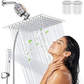 Regaderas para Baño con Filtro, 10" Cabezal de Ducha Antióxido, [20 Capas de Filtrado], con Shower Head de Mano, Regadera Fija Cuadrada de Alta Presion, con 2 Cartuchos Filtrantes y Accesorios
