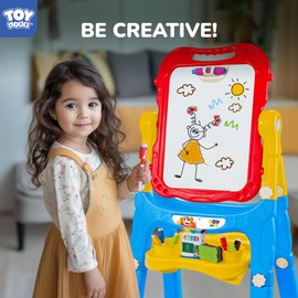 STEAM Life Large Art Easel for Kids, Double-Sided 4In1 Toddler Easel with Rotable Magnetic Chalkboard & White Drawing Board, Height Adjustable with Magnetic Letters & Numbers Gifts for Boys and Girls